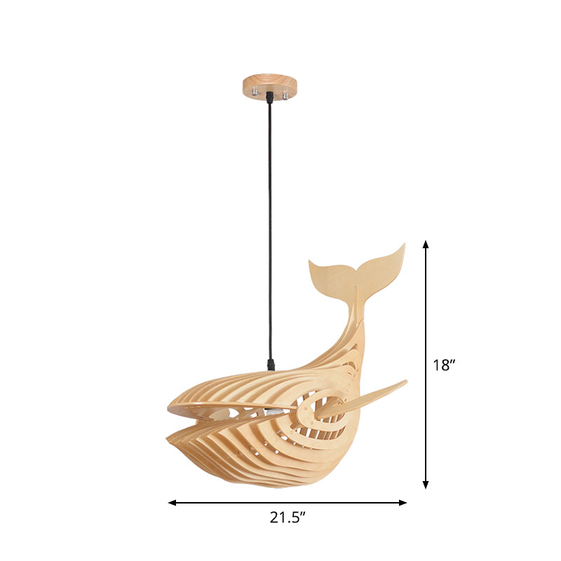 Whale Kids Bedside Down Lighting Pendant Wooden 1 Head Modern Hanging Lamp in Beige, 21.5"/31.5"/39" Wide