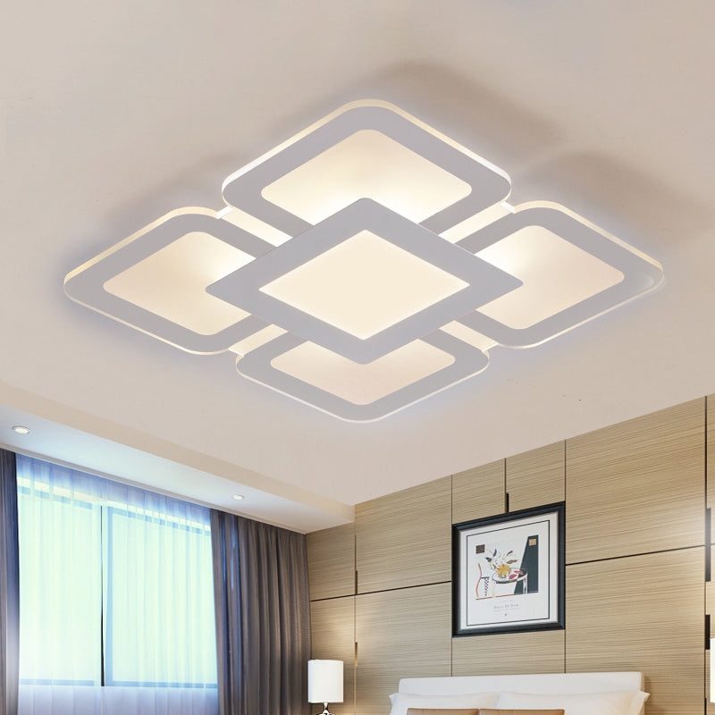 Square/Rectangle Flower Flush Light Simple Acrylic Bedroom LED Ceiling Flushmount Lamp in White, 16"/23.5"/47" W