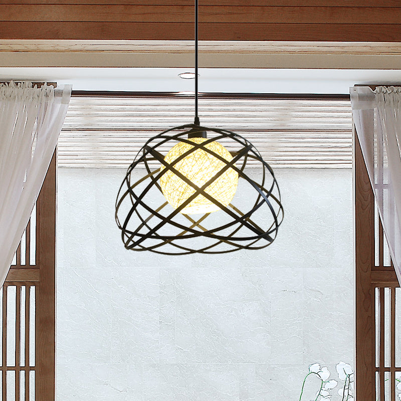 Wire Cage Metal Pendant Light Industrial 1 Light Dining Room Hanging Lamp with Dome Shade in Black