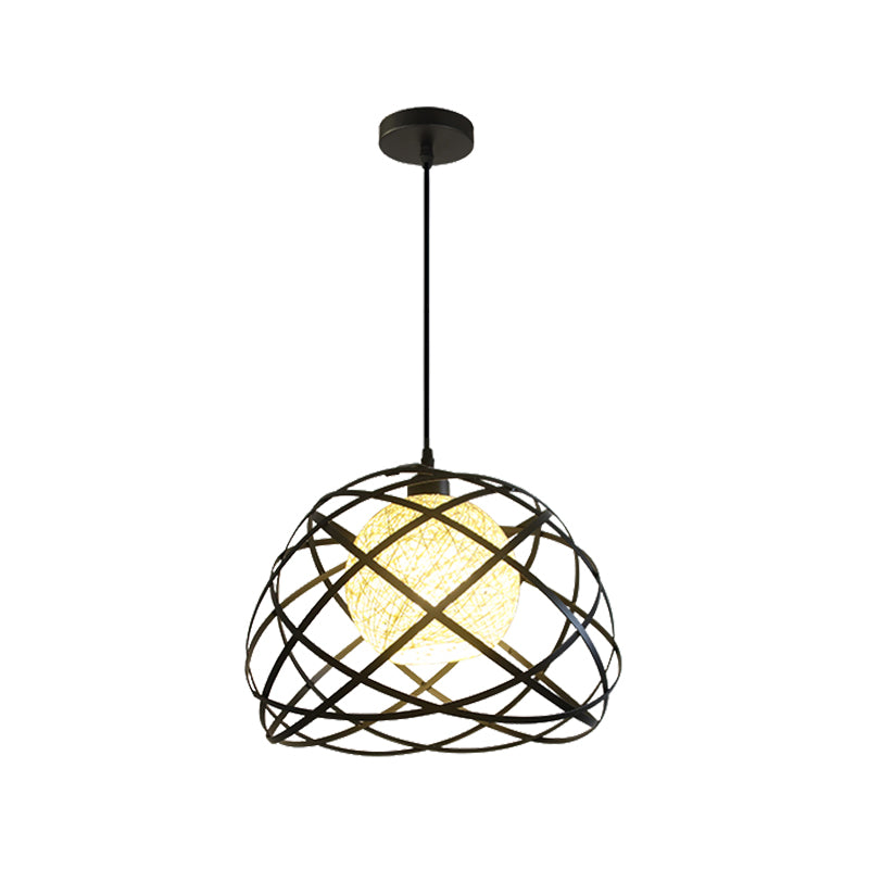 Wire Cage Metal Pendant Light Industrial 1 Light Dining Room Hanging Lamp with Dome Shade in Black