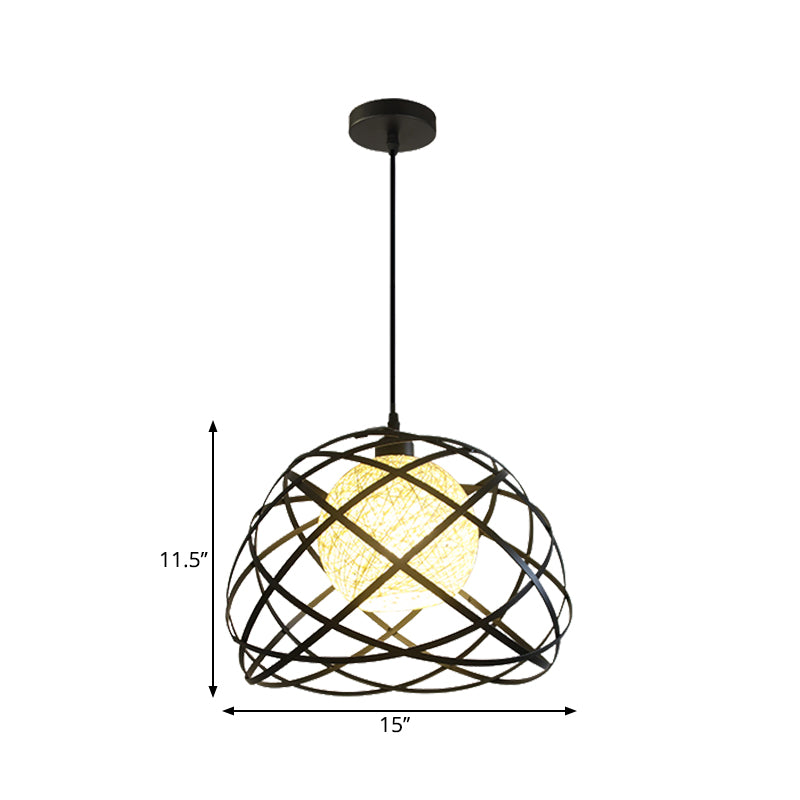 Wire Cage Metal Pendant Light Industrial 1 Light Dining Room Hanging Lamp with Dome Shade in Black