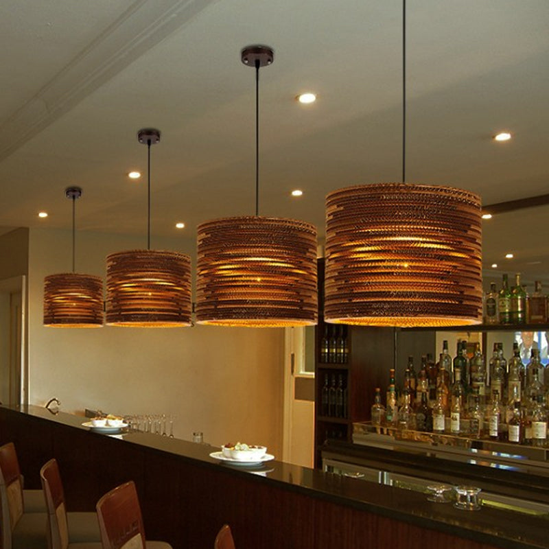 1 Bulb Bistro Pendant Lighting Rustic Brown Pendulum Light with Geometric/Cylinder/Bellied Corrugated Paper Shade