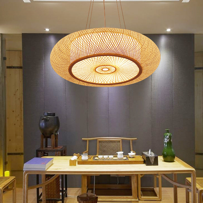 Handmade Round Bamboo Hanging Light Chinese 1 Bulb 18"/19.5"/31.5" Wide Beige Ceiling Pendant for Tearoom