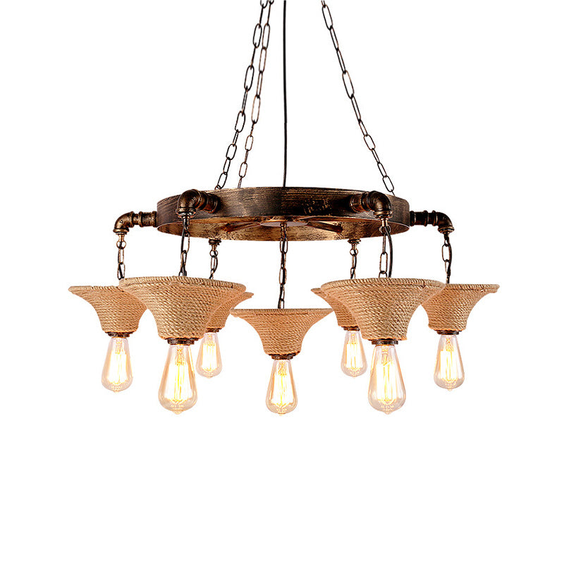 Cone Shade Ceiling Lamp Rope 7/9 Bulb Rustic Dining Room Chandeliers Pendant Light in Antique Bronze