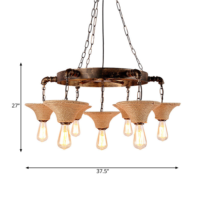 Cone Shade Ceiling Lamp Rope 7/9 Bulb Rustic Dining Room Chandeliers Pendant Light in Antique Bronze