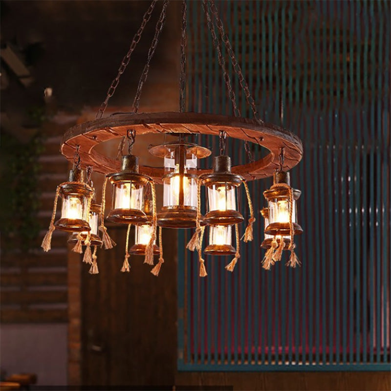 Wood Multi Light Chandelier Light Fixture Coastal Clear Glass Lantern Pendant Lamp with Chain