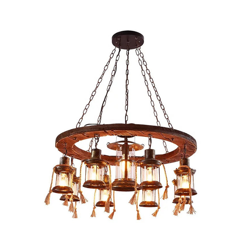 Wood Multi Light Chandelier Light Fixture Coastal Clear Glass Lantern Pendant Lamp with Chain