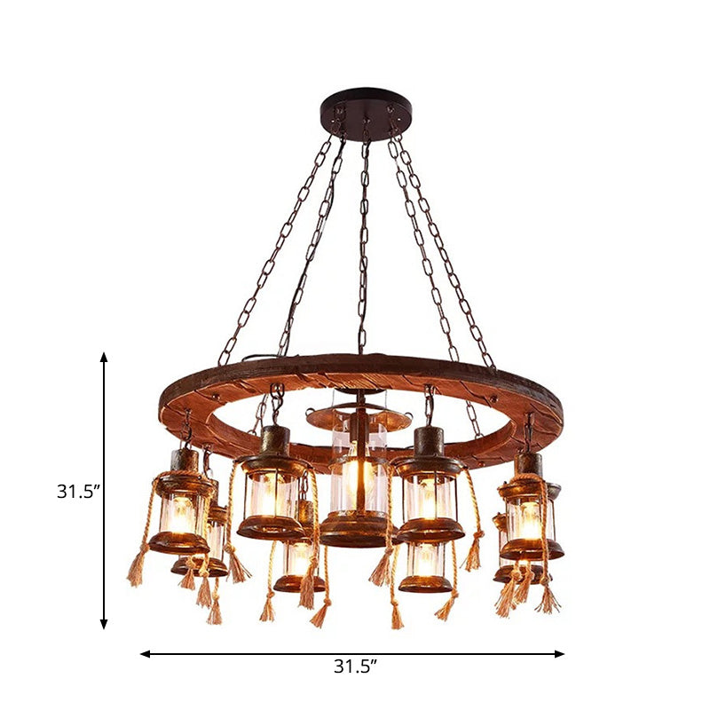 Wood Multi Light Chandelier Light Fixture Coastal Clear Glass Lantern Pendant Lamp with Chain