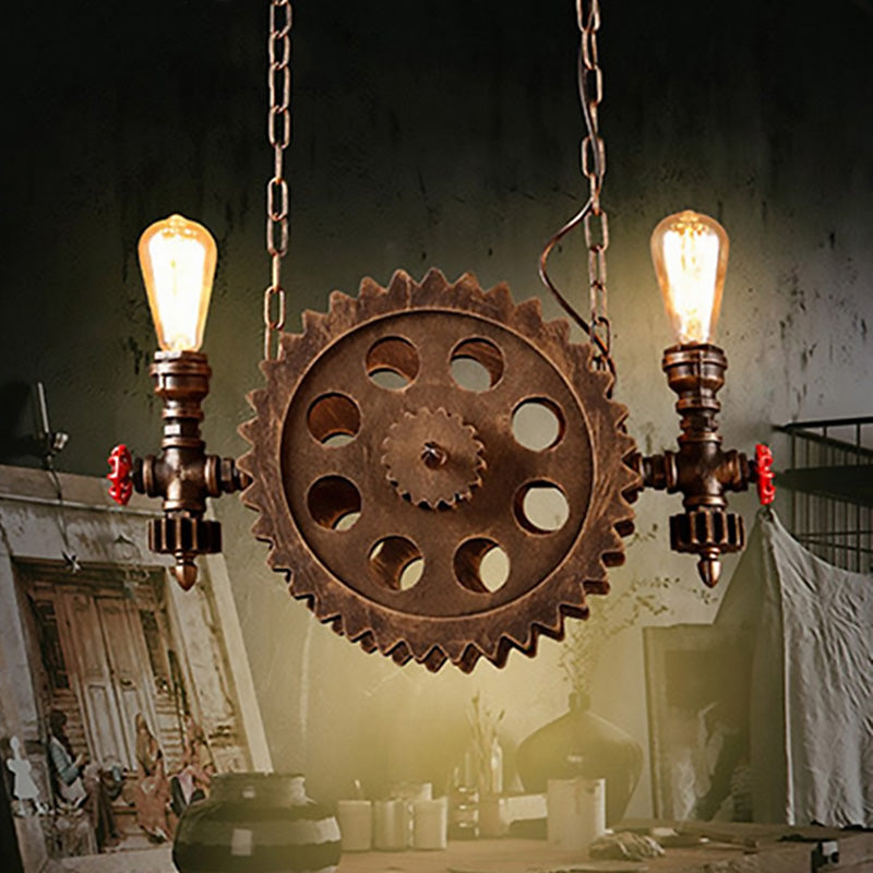 2 Lights Ceiling Light Vintage Exposed Metal Hanging Chandelier in Rust for Living Room with Gear