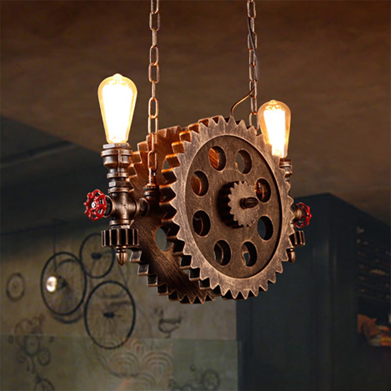 2 Lights Ceiling Light Vintage Exposed Metal Hanging Chandelier in Rust for Living Room with Gear