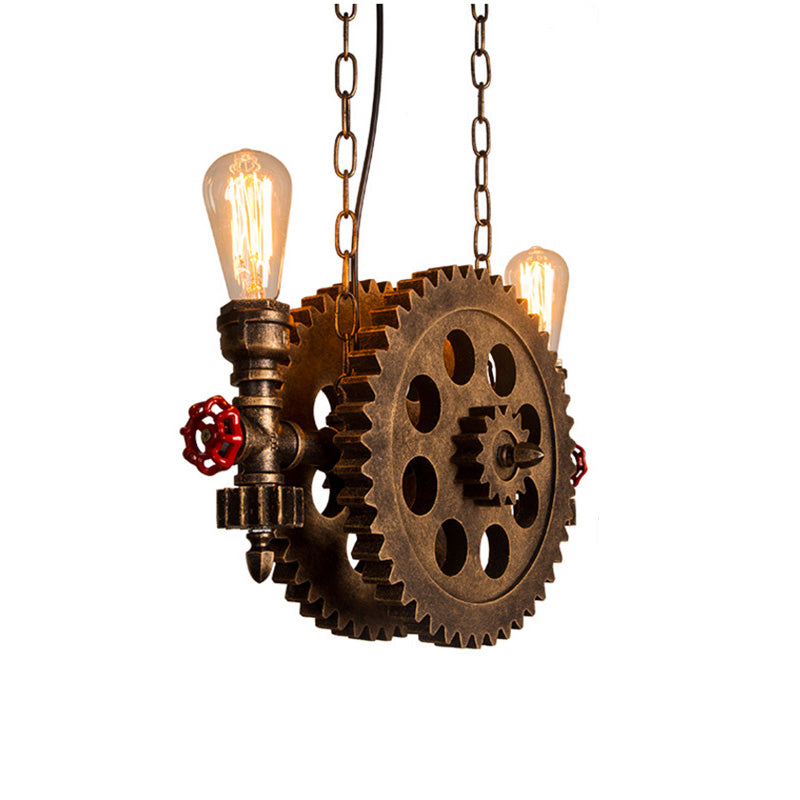 2 Lights Ceiling Light Vintage Exposed Metal Hanging Chandelier in Rust for Living Room with Gear