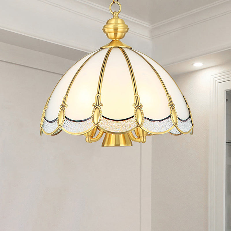 Small/Large 3/5 Lights Chandelier Lamp Vintage Scalloped Opal Glass Ceiling Lighting in Brass