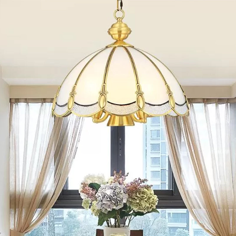 Small/Large 3/5 Lights Chandelier Lamp Vintage Scalloped Opal Glass Ceiling Lighting in Brass