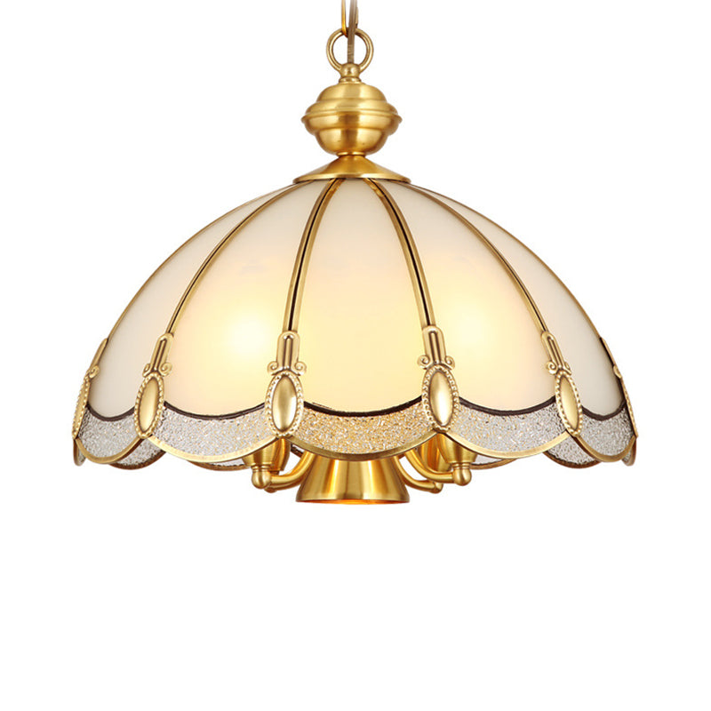 Small/Large 3/5 Lights Chandelier Lamp Vintage Scalloped Opal Glass Ceiling Lighting in Brass