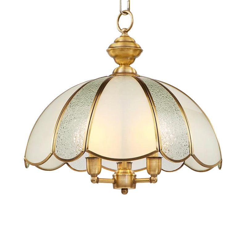 3 Lights Dome Chandelier Lamp Classic Polished Brass Frosted Glass Hanging Lighting