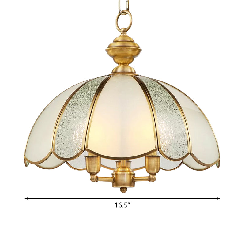 3 Lights Dome Chandelier Lamp Classic Polished Brass Frosted Glass Hanging Lighting