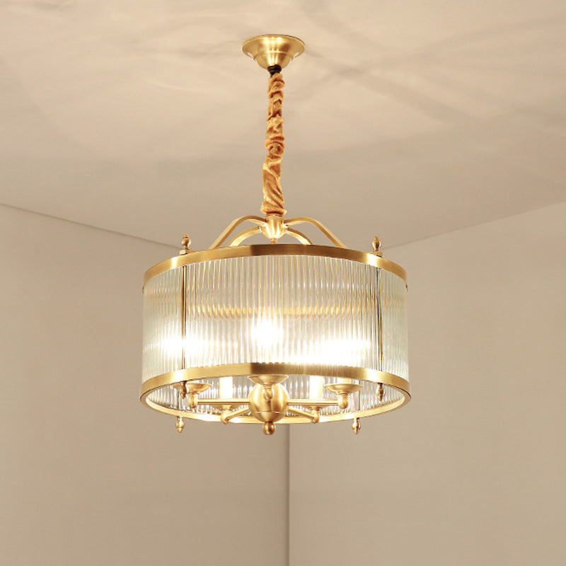 3/5/6 Lights Chandelier Light Colonial Drum Clear Ribbed Glass Ceiling Lamp in Polished Brass, Small/Medium/Large