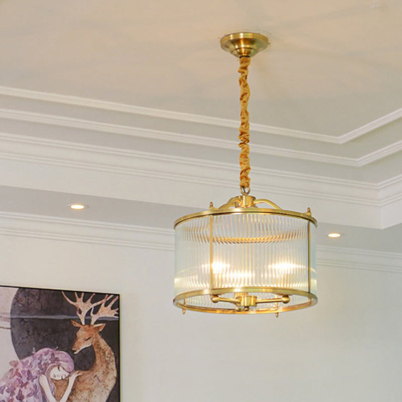 3/5/6 Lights Chandelier Light Colonial Drum Clear Ribbed Glass Ceiling Lamp in Polished Brass, Small/Medium/Large