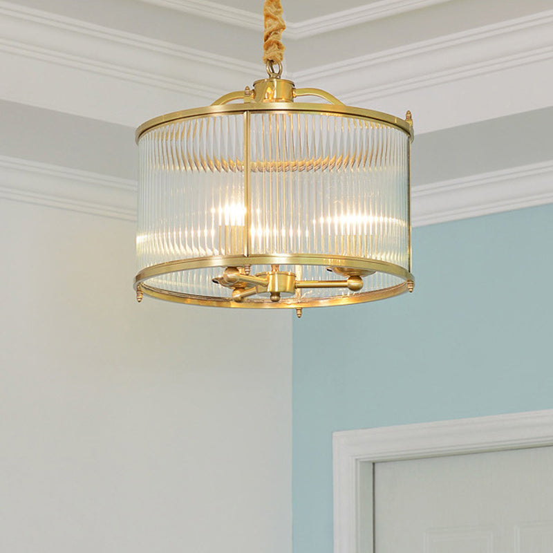 3/5/6 Lights Chandelier Light Colonial Drum Clear Ribbed Glass Ceiling Lamp in Polished Brass, Small/Medium/Large