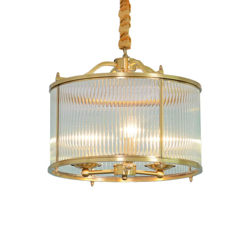 3/5/6 Lights Chandelier Light Colonial Drum Clear Ribbed Glass Ceiling Lamp in Polished Brass, Small/Medium/Large