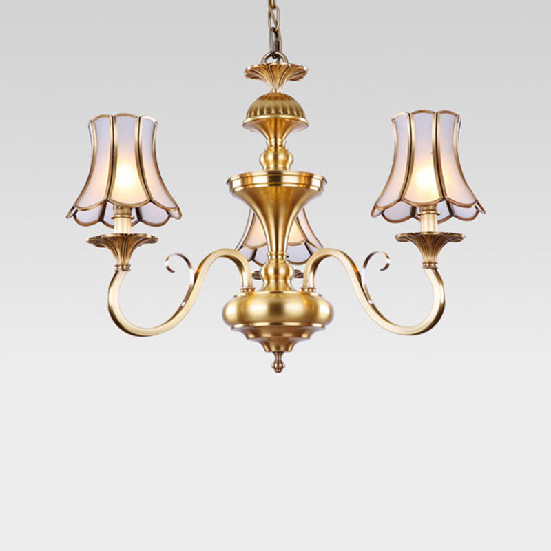 3/5/6 Lights Chandelier Light Traditional Bedroom Ceiling Lamp with Flared Frosted Glass Shade in Polished Brass