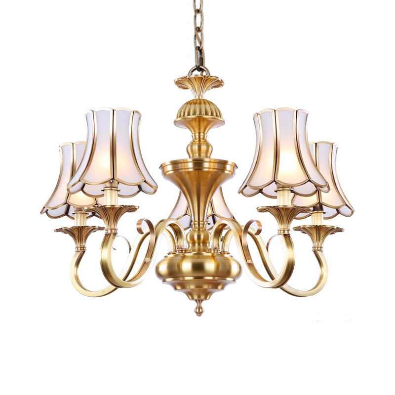 3/5/6 Lights Chandelier Light Traditional Bedroom Ceiling Lamp with Flared Frosted Glass Shade in Polished Brass