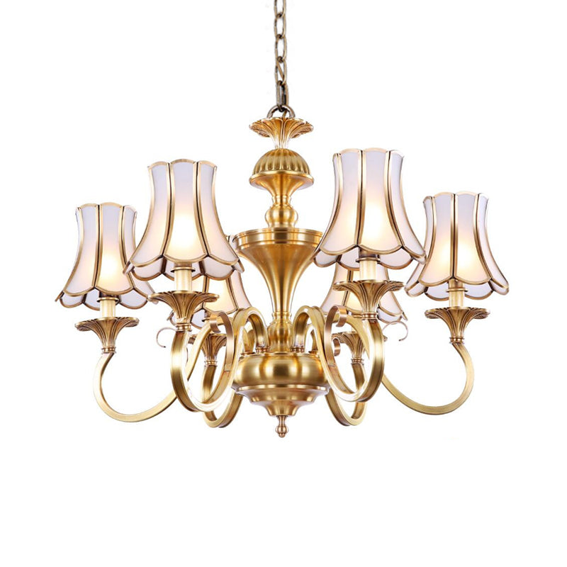 3/5/6 Lights Chandelier Light Traditional Bedroom Ceiling Lamp with Flared Frosted Glass Shade in Polished Brass