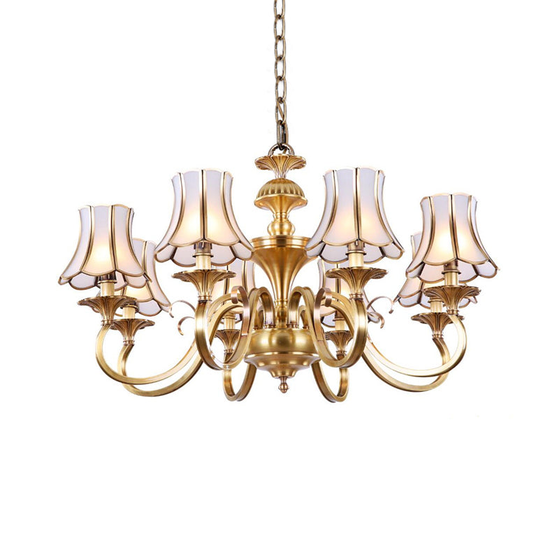 3/5/6 Lights Chandelier Light Traditional Bedroom Ceiling Lamp with Flared Frosted Glass Shade in Polished Brass