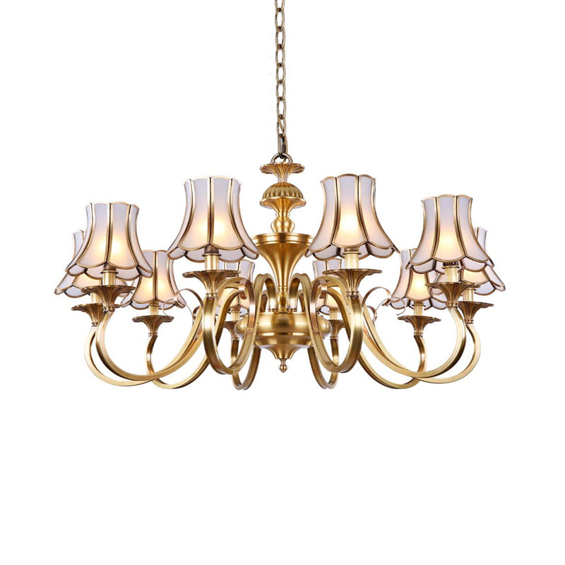 3/5/6 Lights Chandelier Light Traditional Bedroom Ceiling Lamp with Flared Frosted Glass Shade in Polished Brass