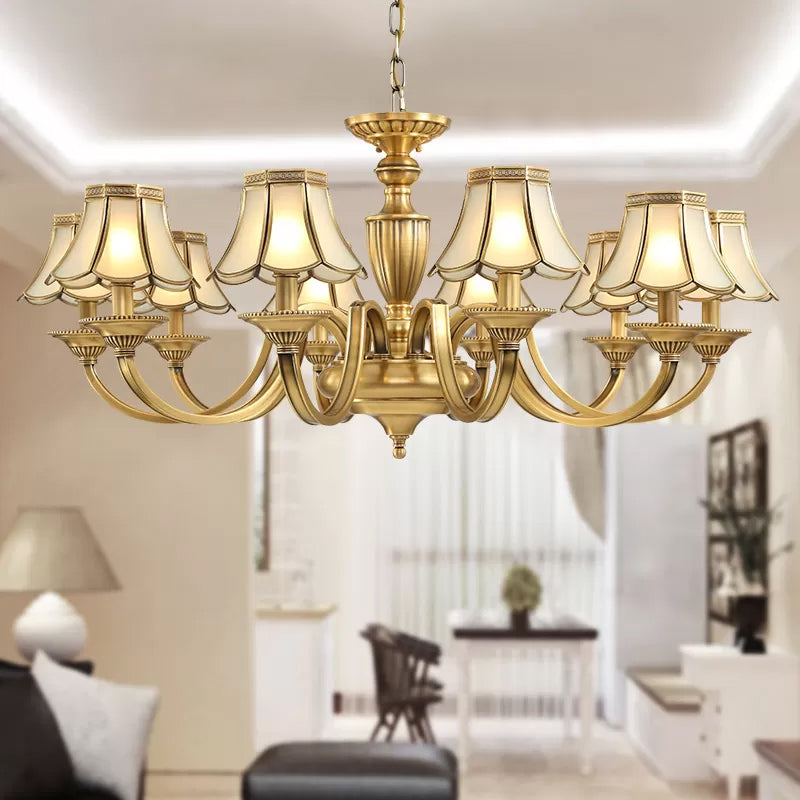 6/8/10 Lights Frosted Glass Panel Chandelier Lighting Colonial Polished Brass Flared Bedroom Pendant Lamp