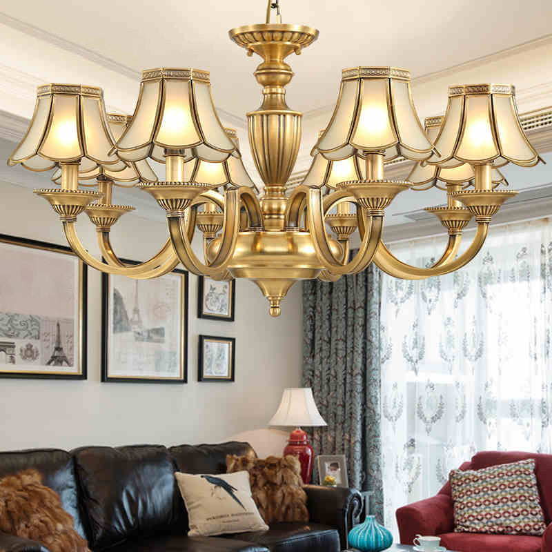 6/8/10 Lights Frosted Glass Panel Chandelier Lighting Colonial Polished Brass Flared Bedroom Pendant Lamp