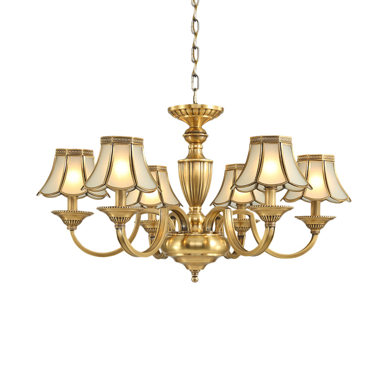 6/8/10 Lights Frosted Glass Panel Chandelier Lighting Colonial Polished Brass Flared Bedroom Pendant Lamp