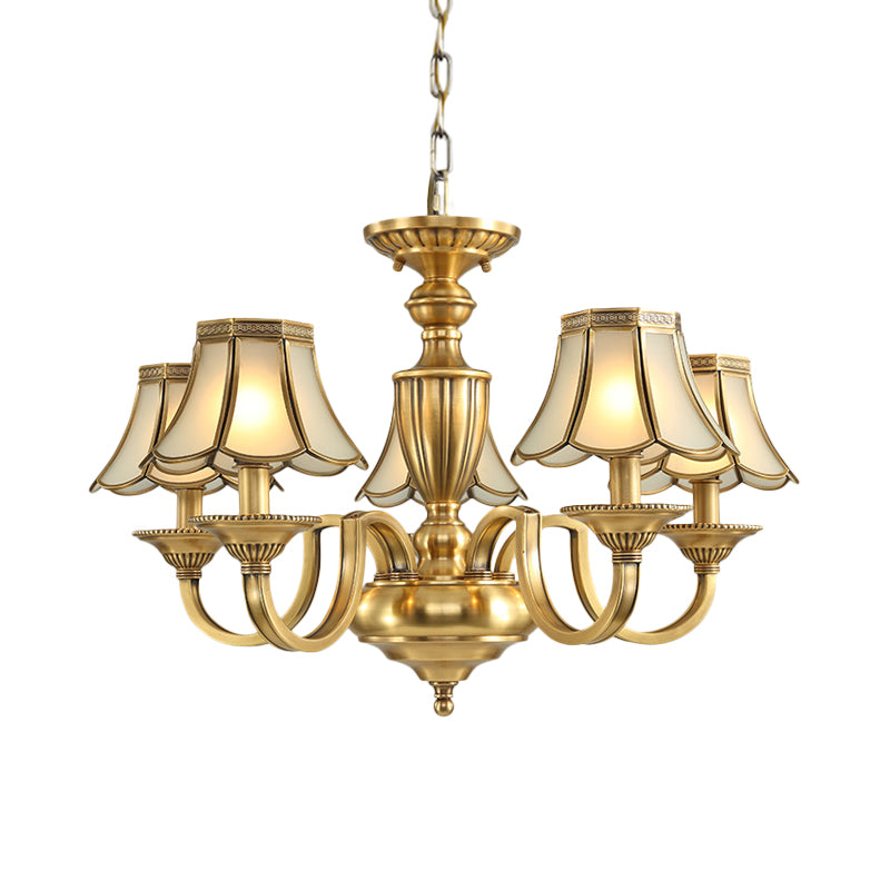 6/8/10 Lights Frosted Glass Panel Chandelier Lighting Colonial Polished Brass Flared Bedroom Pendant Lamp