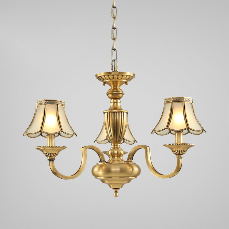 6/8/10 Lights Frosted Glass Panel Chandelier Lighting Colonial Polished Brass Flared Bedroom Pendant Lamp