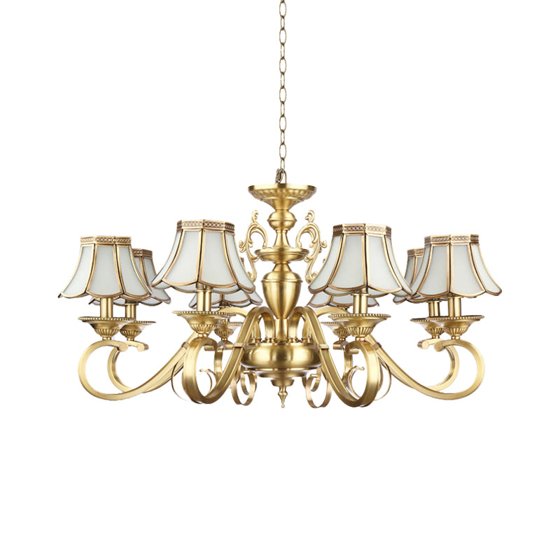 Polished Brass Scalloped Chandelier Lamp Colonial Frosted Glass 8 Lights Living Room Hanging Ceiling Light