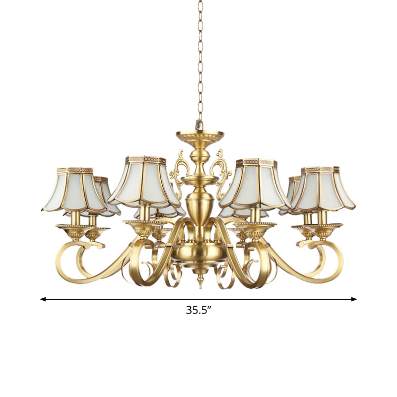 Polished Brass Scalloped Chandelier Lamp Colonial Frosted Glass 8 Lights Living Room Hanging Ceiling Light