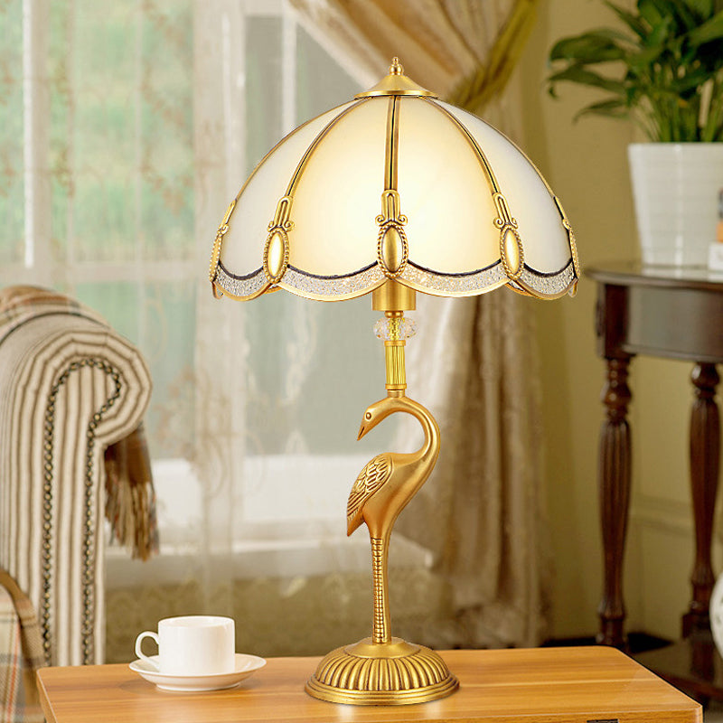 1-Light Night Lamp Vintage Bedroom Table Lamp with Bowl Frosted Glass Shade and Bird Pedestal in Polished Brass