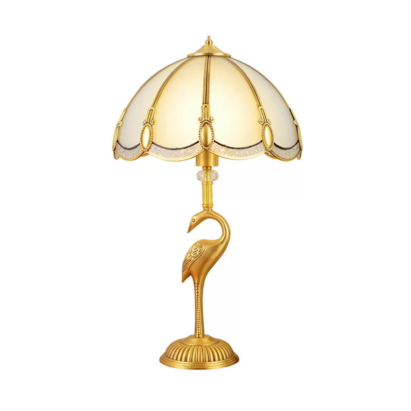 1-Light Night Lamp Vintage Bedroom Table Lamp with Bowl Frosted Glass Shade and Bird Pedestal in Polished Brass