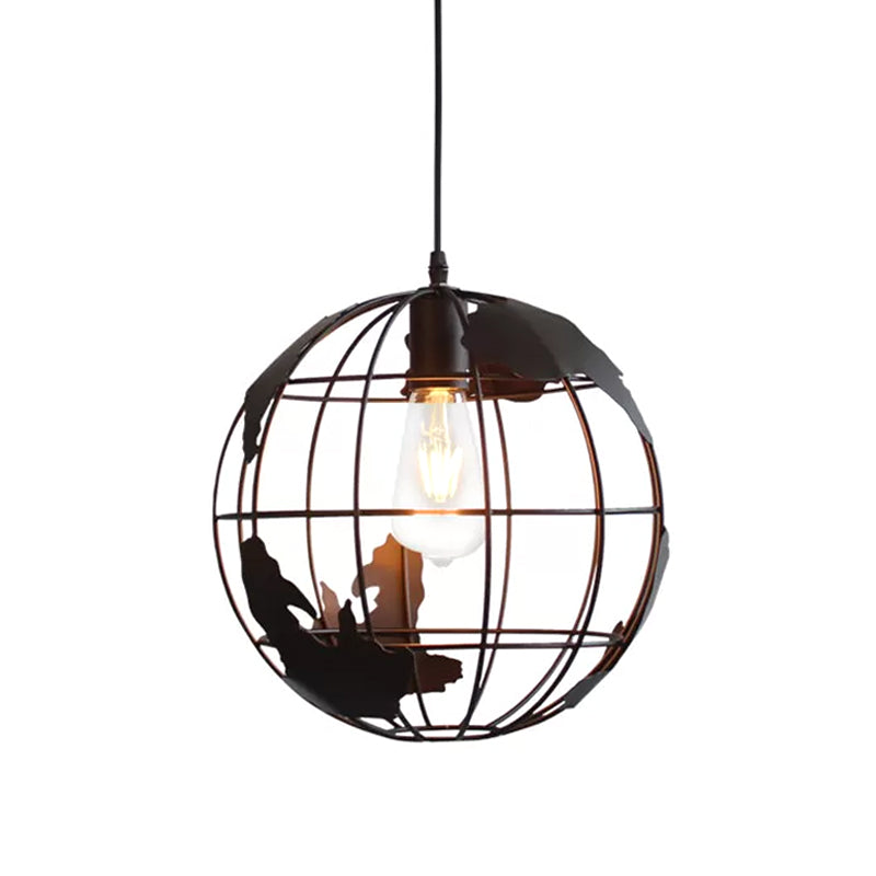 Rustic Cone/Oval/Globe Ceiling Hang Lamp 1 Light Iron Suspended Lighting Fixture in Black for Dining Room