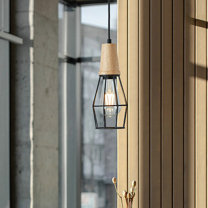 Cage nera/fienile/pentola a forma di pianta Rustico Ironico 1 ristorante Bulb Restaugatura Assorbimento Luce a soffitto con presa in legno