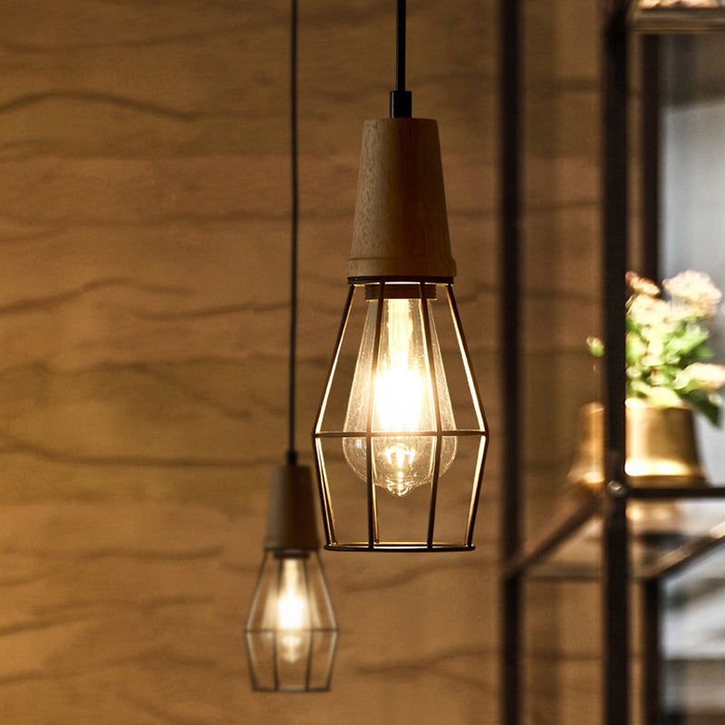 Black Cage/Barn/Pot Shaped Pendant Rustic Iron 1 Bulb Restaurant Hanging Ceiling Light with Wood Socket