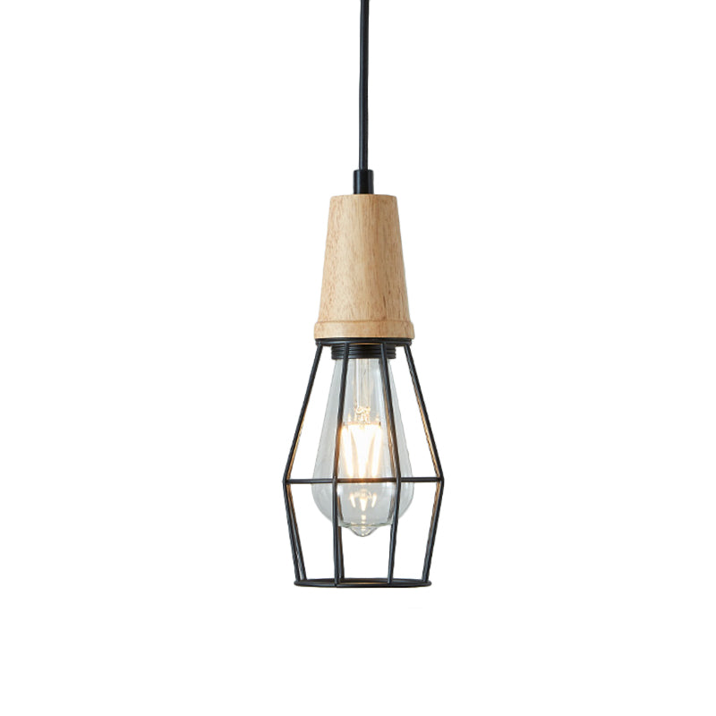 Black Cage/Barn/Pot Shaped Pendant Rustic Iron 1 Bulb Restaurant Hanging Ceiling Light with Wood Socket