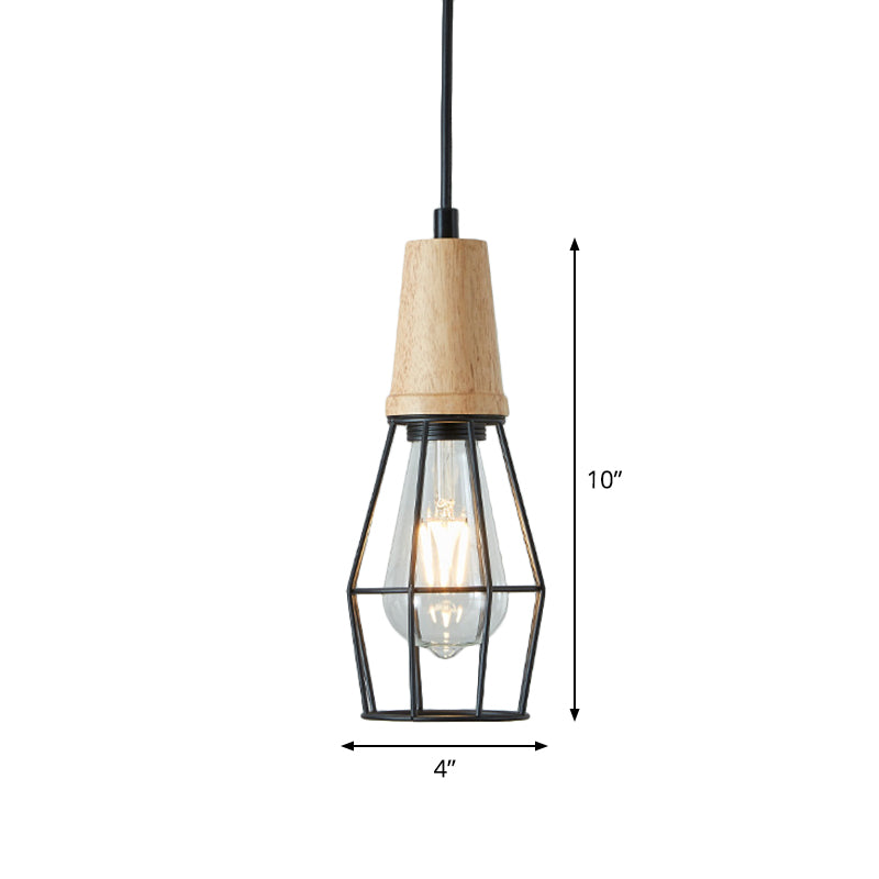 Black Cage/Barn/Pot Shaped Pendant Rustic Iron 1 Bulb Restaurant Hanging Ceiling Light with Wood Socket