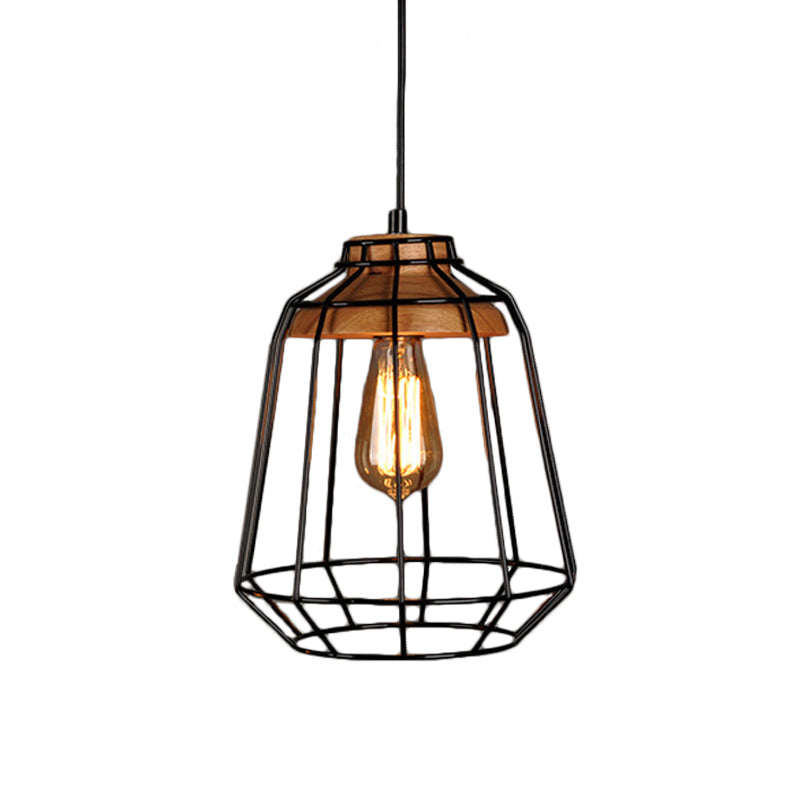 Black Cage/Barn/Pot Shaped Pendant Rustic Iron 1 Bulb Restaurant Hanging Ceiling Light with Wood Socket