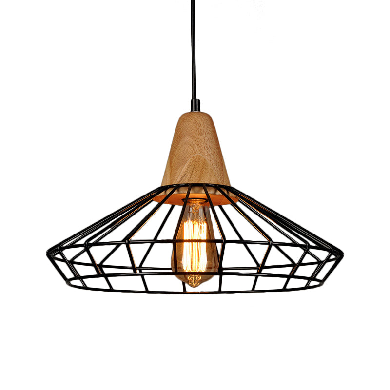 Black Cage/Barn/Pot Shaped Pendant Rustic Iron 1 Bulb Restaurant Hanging Ceiling Light with Wood Socket