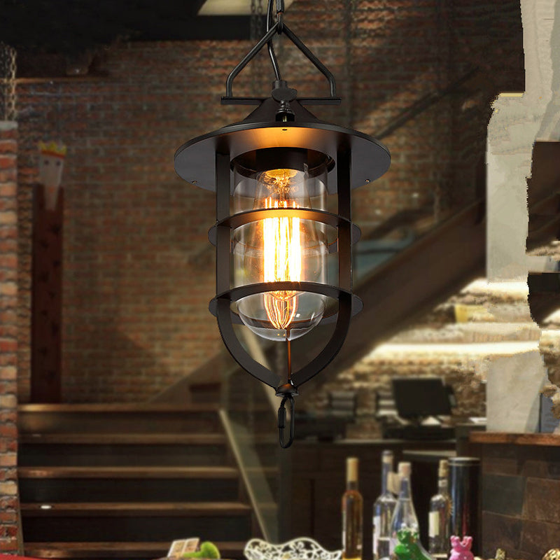 Single-Bulb Clear Glass Pendant Light Vintage Black Capsule Dining Room Pendulum Light with Cage