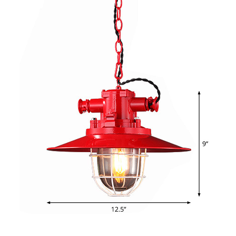 Metallo rosso/bianco/blu a pendolo piattino 1 kit di luce a sospensione a soppalco con tonalità in vetro trasparente e gabbia