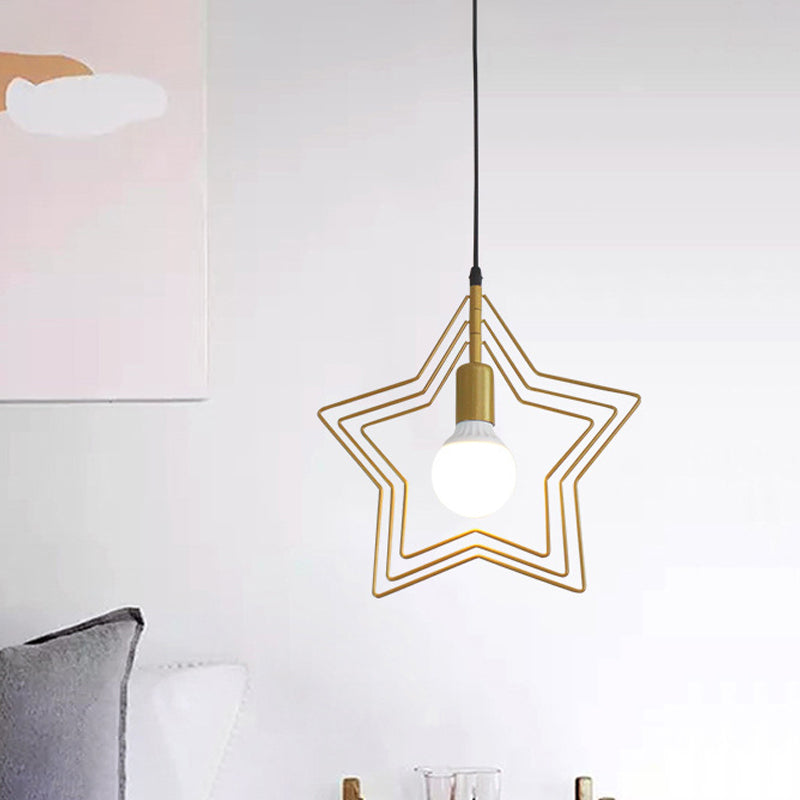 Metal Gold Pendant Light Fixture Triple Star/Round Frame Single Industrial Hanging Ceiling Light