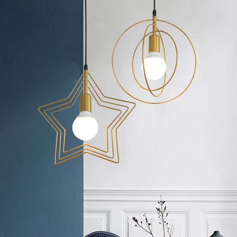 Metal Gold Pendant Light armatuur Triple Star/Round Frame enkel industrieel hangend plafondlicht