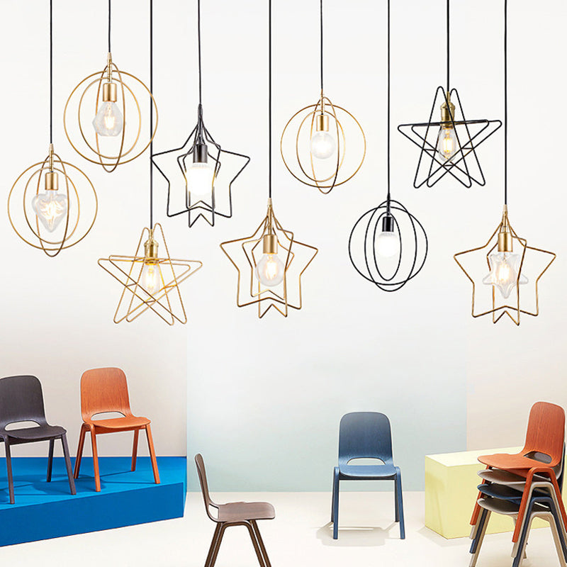 Round/Star Metal Hanging Lamp Loft Style Single-Bulb Bedroom Ceiling Pendant Light in Black